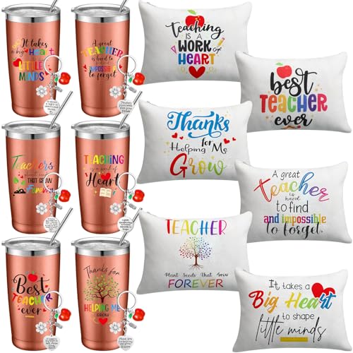 Nitial 6 Sets Teacher Appreciation Gifts Bulk 20 oz Teacher Tumblers with Lids and Straws Makeup Cosmetic Bags Keychains(Rose Gold, Novelty Style)