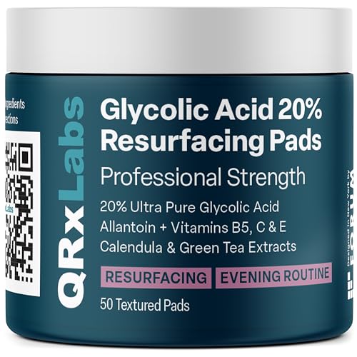 QRxLabs Glycolic Acid 20% Resurfacing Pads for Face & Body with Vitamins B5, C & E, Green Tea, Calendula, Allantoin - Exfoliates Surface Skin and Reduces Fine Lines and Wrinkles - Peel Pads