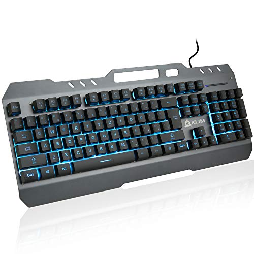 KLIM Lightning Gaming Keyboard - New 2023-7 LED Colors - Ergonomic Mechanical Feel Keyboard with Metal Frame - Compatible with PC Mac PS4 PS5 Xbox One - Wired Hybrid Keyboard