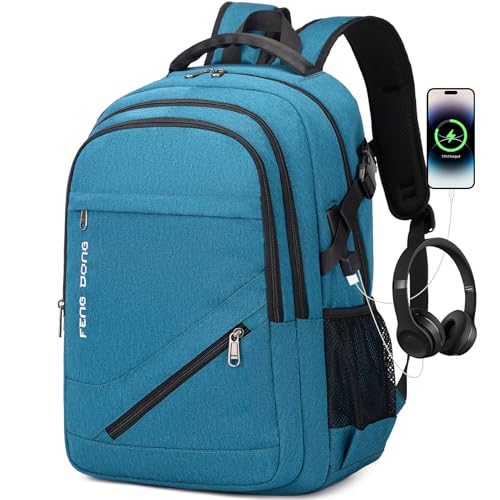 FENGDONG 17.3 inch Large Laptop Backpack Durable Waterproof Travel College Backpack Bookbag for Men & Women Business Backpack with USB Charging Port and Headset Port Light Teal