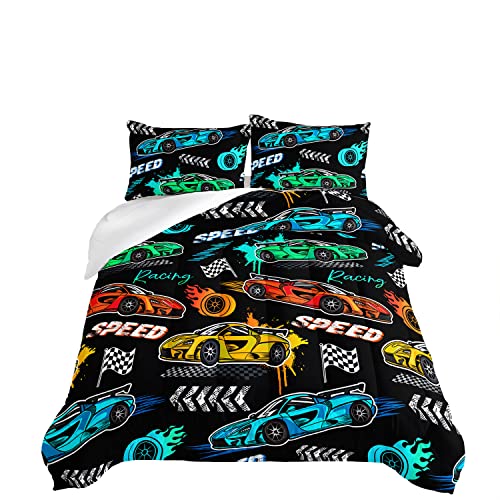 HOSIMA Child's Cartoon Sports Car Comforter 3Piece Set with 2 Pillowcases,Racing Car Bedding for Boys and Girls,Fast and Furious Extreme Sport Games Comforter,Black Twin Comforter Set.