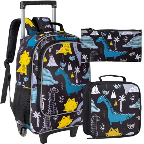 gxtvo Kids Rolling Backpack, Roller Wheels Boys Bookbag - Wheeled Suitcase Elementary School Bag - 3PCS Dinosaur