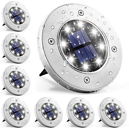 SOLPEX Solar Ground Lights, 8 LED Solar Powered Disk Lights Outdoor Waterproof Landscape Lawn Lighting for Garden Yard Deck Walkway Patio Pathway (8, White)