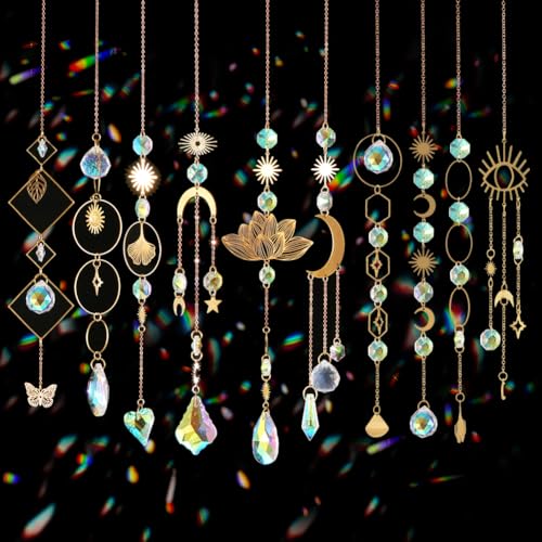 Sun Catchers, 10 Pieces Colorful Crystal Suncatcher with Chain Pendant Ornaments Hanging Crystals Prism Rainbow Maker for Windows Indoor Outdoor Car Mirror Garden Decor Wedding Party Xmas Gift