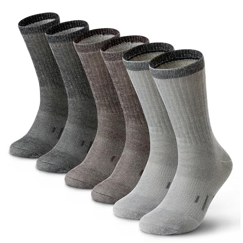 3 Pairs Thermal 80% Merino Wool Socks Hiking Crew, black, gray, brown, men’s shoe size 9-12, women’s 11-13