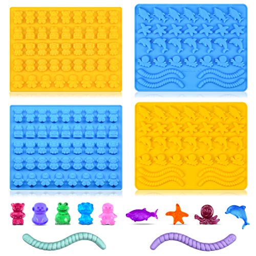 Gummy Bear Mold Candy Molds - Chocolate Molds Including Bears, Frogs, Lions, Monkeys, Penguins, Worms, Starfishs, Dolphins, Octopus, Sharks Sea Mold Set of 4 Silicone Molds