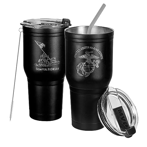 30 oz USMC Coffee Travel Mug | Double Wall Vacuum Insulated Coffee Tumbler | Stainless Steel Coffee Mug With Lid & Straw