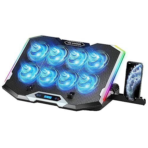 ICE COOREL Gaming Laptop Cooling Pad with 8 Cooling Fans, Laptop Fan Cooler Pad for 15-17.3 Inch, Notebook Cooler Stand with 6 Height Adjustable, RGB Cooling Pad with Two USB Port + Phone Stand