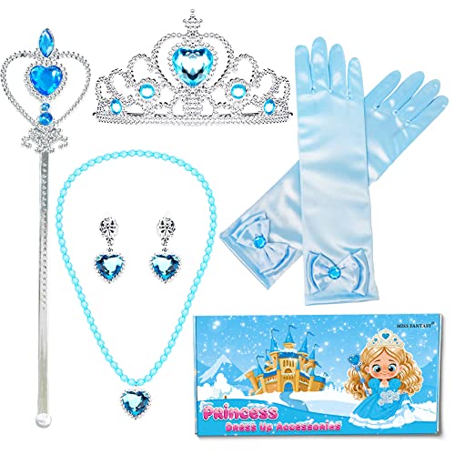 Princess Accessories, Elsa Dress Up Set for Toddler Girls Elsa Crown and Gloves Elsa Accessories for Dress Up with Elsa Wand Necklace and Earrings