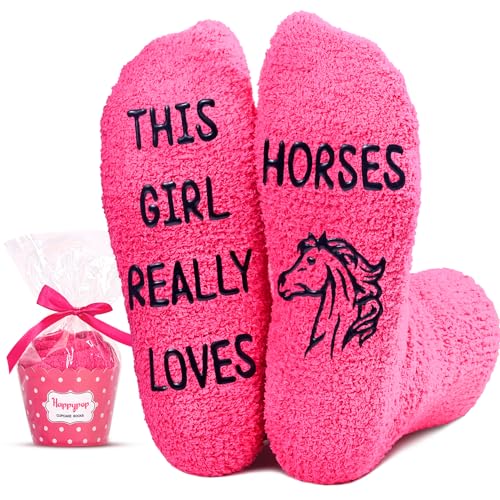 HAPPYPOP Novelty Horse Riding Gifts Horse Gifts Girls Equestrian Gifts, Fuzzy Horse Socks Women Funny Equestrian Socks