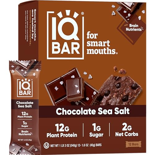 IQBAR Brain and Body Plant Protein Bars - Chocolate Sea Salt - 12 Count, Low Carb, High Fiber, Gluten Free, Vegan Snacks - Low Sugar Keto Energy Bar