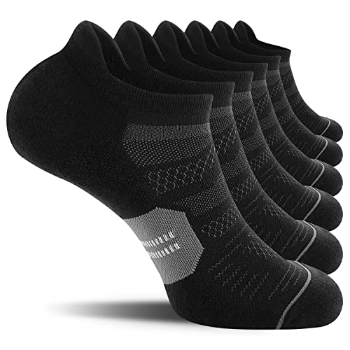 CelerSport 6 Pack Men's Running Ankle Socks with Cushion, Low Cut Athletic Tab Socks Gifts for Men, Black + Grey, Large