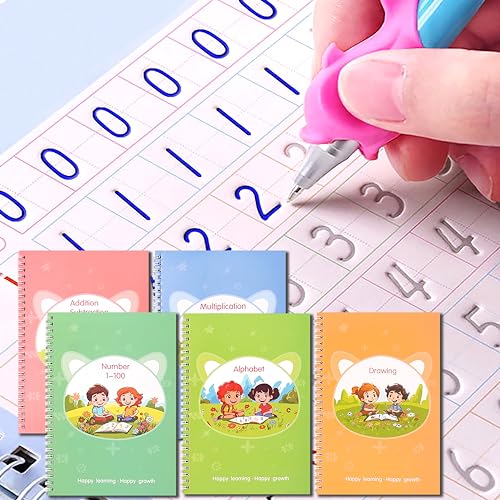 Magic Practice Copybook, Reusable Writing Practice Book, for Preschool Kids Age 3-8 ​Calligraphy 9.44in×6.29in(5 Books with Pens)