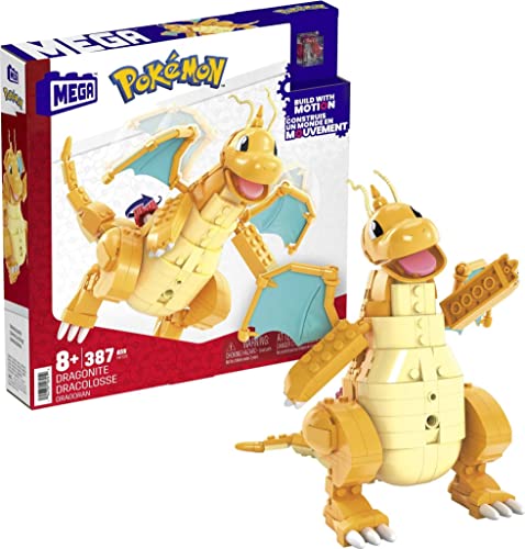 MEGA Pokemon Action Figure Building Toys for Kids, Dragonite with 388 Pieces and Wing Flapping Motion, Age 9+ Years Old Gift Idea