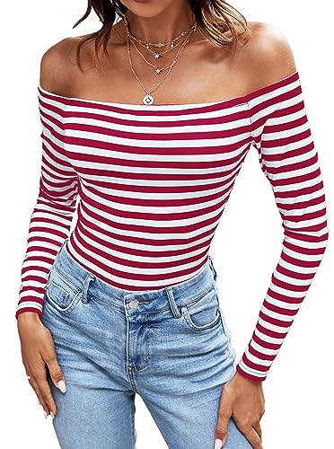 LilyCoco Women's Off The Shoulder Tops Long Sleeve Striped Tshirt Sexy Bodycon Shirt Red White Striped Medium