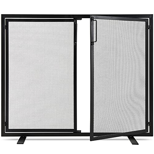 Best Choice Products 38.5x31in 2-Door Fireplace Screen, Handcrafted Wrought Iron Decorative Mesh Geometric Fire Spark Guard w/Magnetic Panels - Black