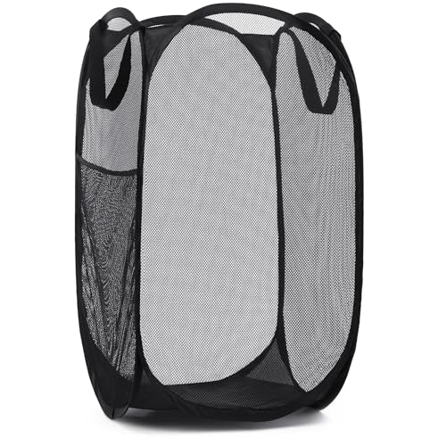 Handy Laundry Collapsible Mesh Pop Up Hamper with Wide Opening and Side Pocket – Breathable, Sturdy, Foldable, and Space-Saving Design for Clothes and Storage. (Black)