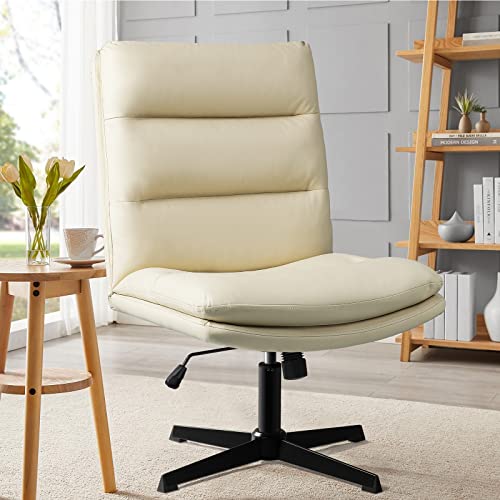 PUKAMI Criss Cross Legged Office Chair,Pu Leather Armless Office Desk Chair No Wheels,Modern Swivel Height Adjustable Wide Seat High Back Computer Task Vanity Chair for Home Office