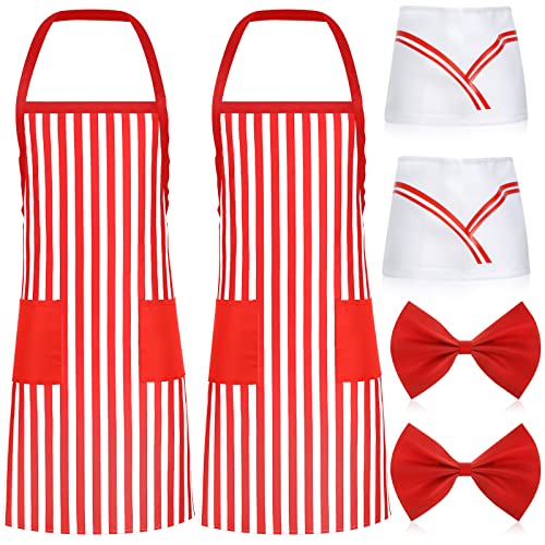 6 Pcs 1950s Waiter Costume Kit Soda Jerk Costume Red White Striped Apron with 2 Pockets Chef Hat Bow Ties(Adult Size)