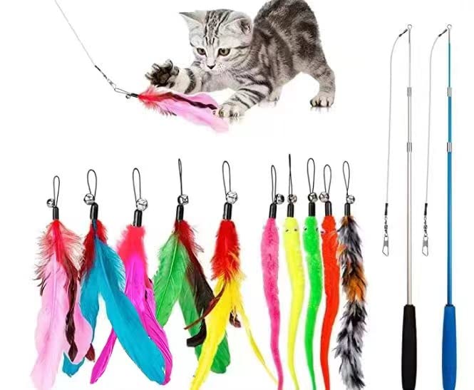JIARON Cat Toys Feather Toy, 2PCS Retractable Wand and 10PCS Replacement Teaser with Bell Refills, Interactive Catcher and Funny Exercise for Kitten.