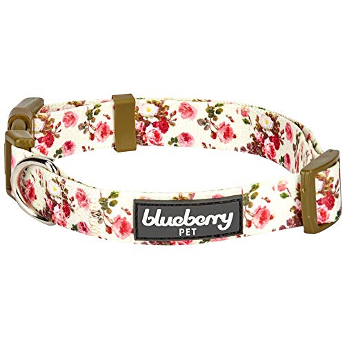 Blueberry Pet 7 Patterns Spring Scent Inspired Pink Rose Print Ivory Adjustable Dog Collar, Medium, Neck 14.5'-20'