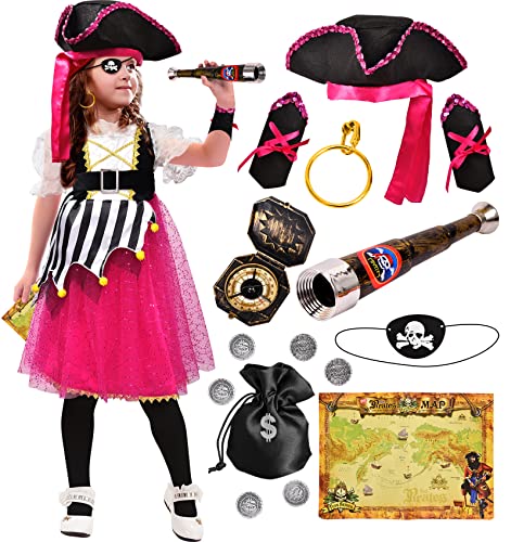 G.C Pirate Costume for Girls Kids Toddlers Dress Up Pretend Play Pirate Clothes Dress with Accessories Hats Toys Pirate Party Favors Deluxe Halloween Cosplay Buccaneer Princess Outfit Set Size 3-10