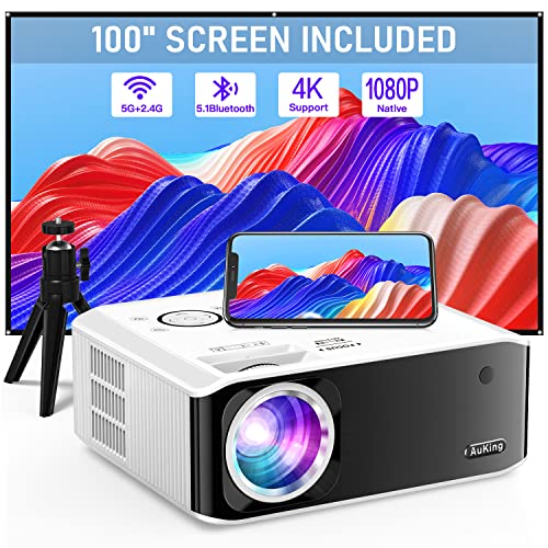 AuKing Projector with WiFi and Bluetooth, 2024 Upgrade Native 1080P 4K Projector Supported, 480 ANSI Outdoor Projector with 100' Screen and Tripod, 400' Home Projector for HDMI/USB/TV Box/Android/iOS