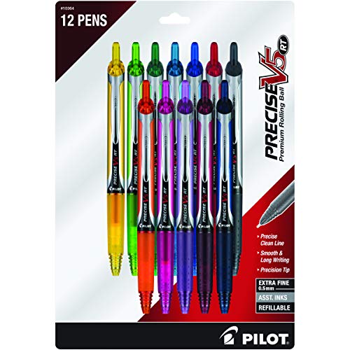 Pilot, Precise V5 RT Refillable & Retractable Rolling Ball Pens, Extra Fine Point 0.5 mm, Assorted Colors, Pack of 12.