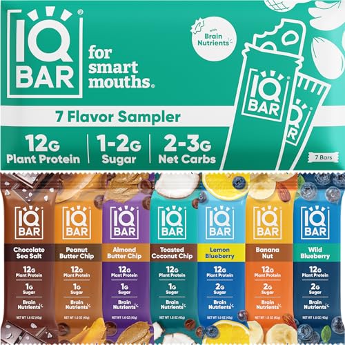 IQBAR Brain and Body Plant Protein Bars - 7 Bar Sampler Pack - Low Carb, High Fiber, Gluten Free, Healthy Vegan Snacks - Low Sugar Keto Energy Bars