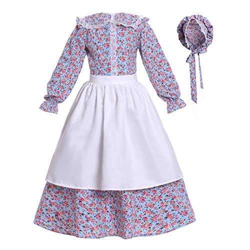 Vibsion Girls Pioneer Prairie Costume Pilgrim Dress Kids Floral Colonial Village Girl Costumes Bonnet Apron Set L
