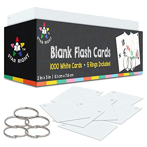 Blank Flash Cards for Studying - 2' x 3' Blank Index Notecards - 1000 Pre Hole Punched White Index Cards with Metal Binder Rings - Blank Flashcards for GMT Prep, Math, and Language