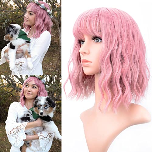 VCKOVCKO Pastel Wavy Wig With Air Bangs Women's Short Bob Purple Pink Curly Shoulder Length Bob Synthetic Daily Use Colorful Cosplay Wig for Girls (12', Purple Pink)