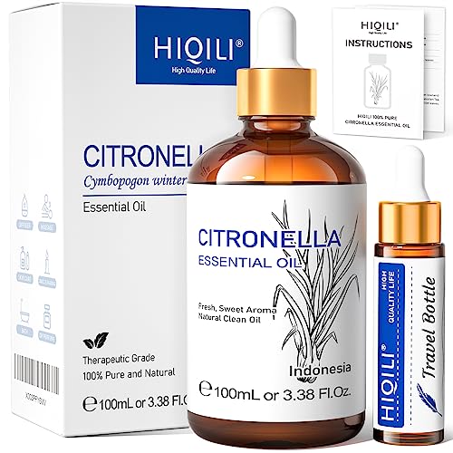 HIQILI Citronella Essential Oil (3.38 Fl Oz), 100% Natural Therapeutic Grade, Premium Glass Dropper, for Hair & Skin Care, Candle Making, Add to Diffusers, Relaxing