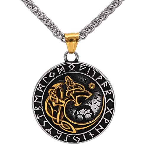GuoShuang Nordic Viking Stainlesss Steel Yggdrasil Wolf Rune Necklace With Valknut Gift Bag