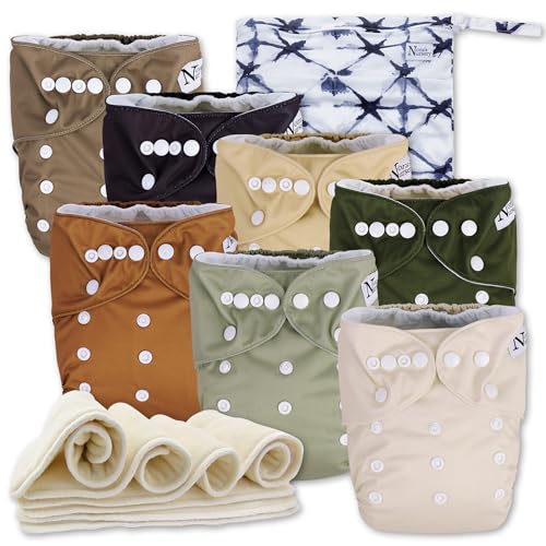Nora's Nursery Cloth Diapers 7 Pack with 7 Inserts & 1 Wet Bag - Waterproof Cover, Washable, Reusable & One Size Adjustable Pocket Diapers for Newborns and Toddlers - Down to Earth