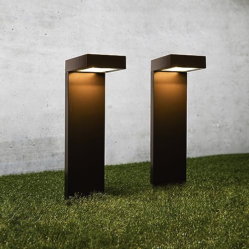 Enchanted Spaces Set of 2 Modern Solar Bronze Metal L-Shaped Path Lights with Bright LED, Solid Metal Groundstake