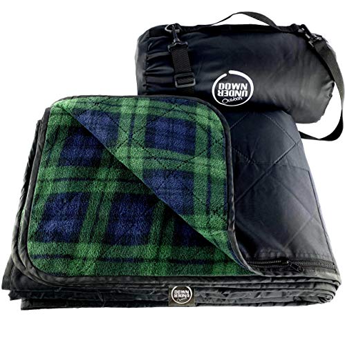 DOWN UNDER OUTDOORS Large Waterproof Windproof Extra Thick 350 GSM Quilted Fleece Stadium Blanket, Machine Washable Camping Picnic & Outdoor, Beach, Baseball,Dog, 82 x 55 (Green Check)