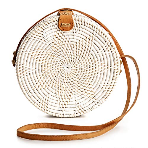 Novum Crafts Round Rattan Bag for Women - Handmade Rattan Straw Bags - Wicker Purse - Boho Bag - White Round Rattan Crossbody Beach Bags