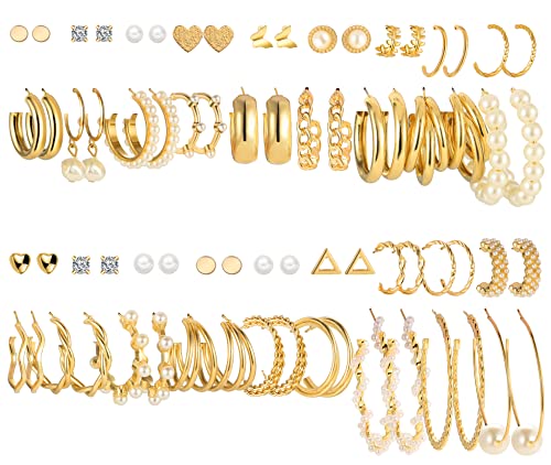 FAXHION 36 Pairs Gold Earrings Set for Women Girls, Fashion Pearl Chain Link Stud Drop Dangle Earrings Multipack Hoop Earring Packs, Hypoallergenic Earrings for Birthday Party Jewelry Gift