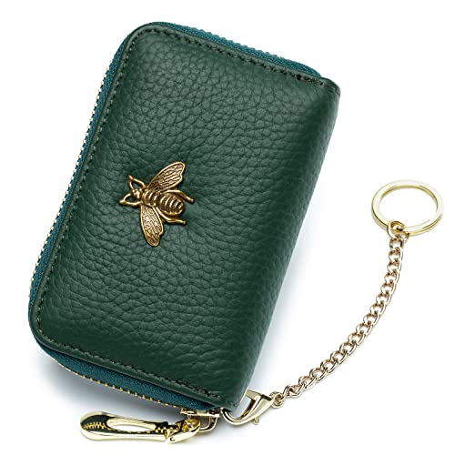 imeetu RFID Credit Card Holder, Small Leather Zipper Card Case Wallet with Keychain and ID Window for Women (A-Green)