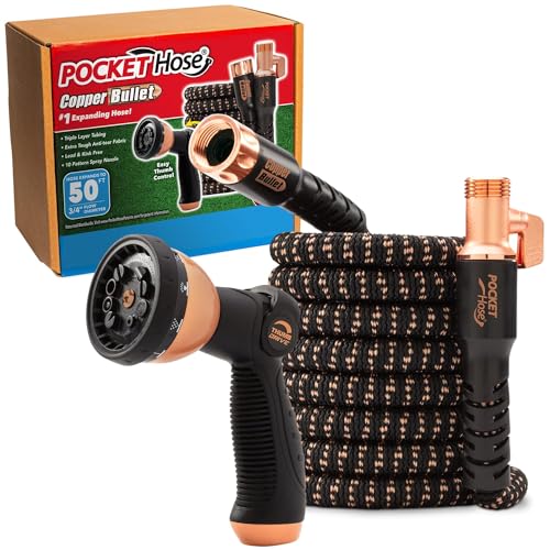 Pocket Hose Copper Bullet Expandable Garden Hose w/10 Pattern Thumb Spray Nozzle AS-SEEN-ON-TV 50 FT 650psi 3/4 in Patented Lead-Free Ultra-Lightweight Solid Copper Anodized Aluminum Fittings No-Kink