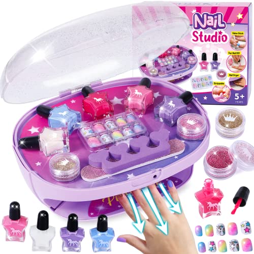 Golray Kids Nail Polish Set for Girls, All-in-One Nail Art Kit - Nail Dryer/ Nail Polish/ Glitter Powder/ False Nails/ Nail Decals/ Toe Separator/File, Age 3-12 Little Girl Gift