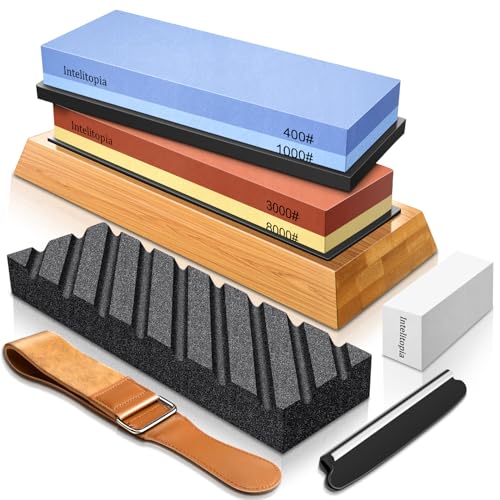Intelitopia Complete Knife Sharpening Stone Set – Dual Grit Whetstone 400/1000 3000/8000 Knife Sharpener with Leather Strop, Flattening Stone, Bamboo Base, 3 Non-slip Rubber Bases & Angle Guide