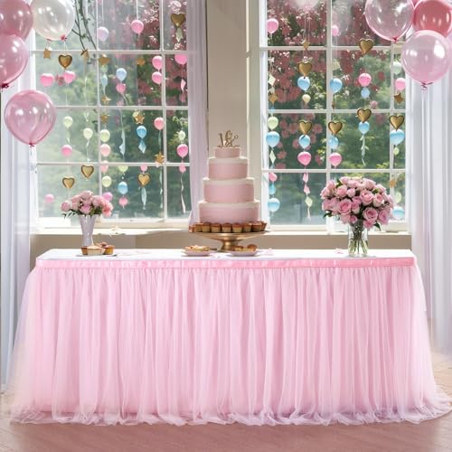Suppromo 6ft Pink Tulle Table Skirt Baby Shower Tablecloth for Rectangle Tables or Round Tables Pink Ruffle Tutu Table Skirts for Princess Girls Birthday Party Cake Dessert Table Decorations
