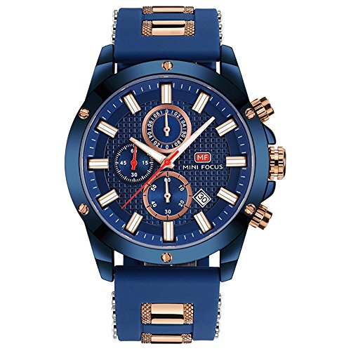 Mini Focus Mens Watch Casual Sports Watches (Chronograph/Waterproof/Luminous/Calendar) Silicon Band Fashion Quartz Watch for Men (Blue)