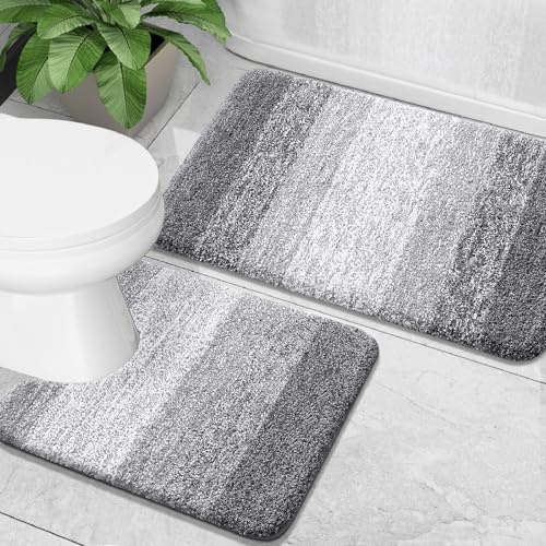 OLANLY Luxury Bathroom Rug Set 2 Piece, Soft Absorbent Microfiber Bath Rugs and U-Shaped Contour Toilet Rug, Non-Slip Bath Carpet, Machine Wash Dry, Bath Mats for Bathroom (24'x16'+24'x20', Grey)