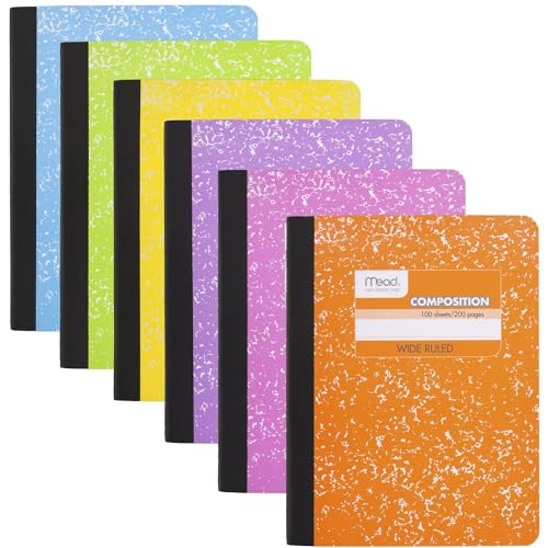 Mead Composition Notebooks, 6 Pack, Wide Ruled Paper, 7-1/2' x 9-3/4', 100 Sheets, Assorted Bright Colors (950054-ECM)