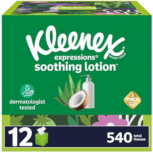 Kleenex Expressions Soothing Lotion Facial Tissues with Coconut Oil, 12 Cube Boxes, 45 Tissues per Box, 3-Ply, Packaging May Vary
