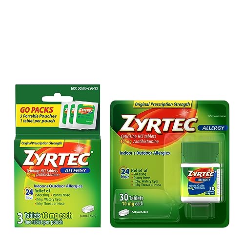 Zyrtec 24 Hour Allergy Relief Tablets, Antihistamine Allery Medicine with 10 mg Cetirizine HCI, Bundle with 1 x 30 ct and 1 x 3 ct Travel Pack