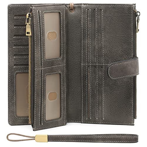 GOIACII Womens Wallets Large Capacity Credit Card Holder Rfid Wallet Women Double Zipper Pocket Leather Bifold Ladies Wristlet Clutch Wallet